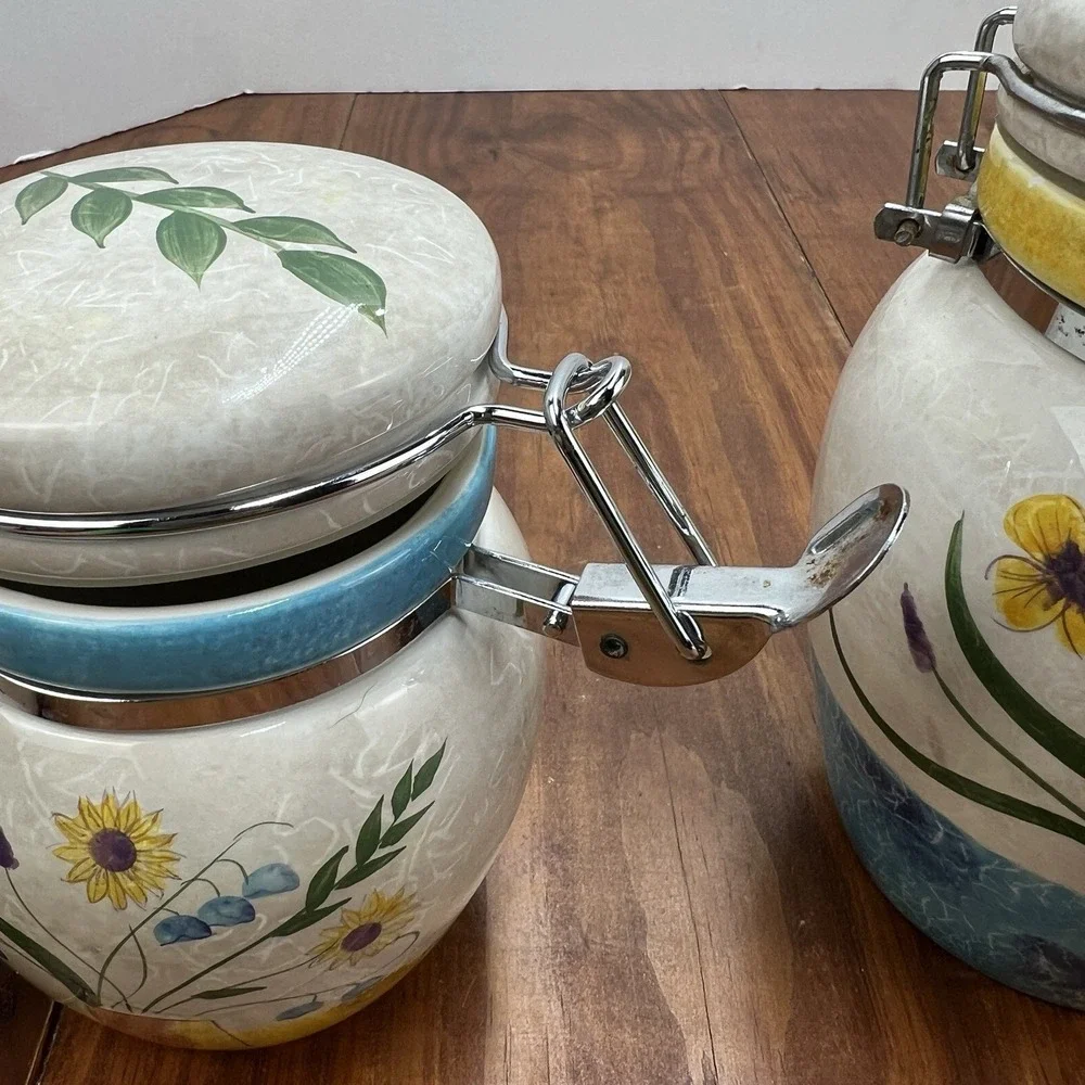 Oneida Sakura Casual Dining Floral Applique Ceramic Canister Jars Set of 2